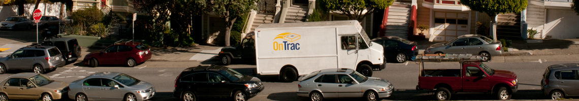 OnTrac truck in downtown Portland, OR